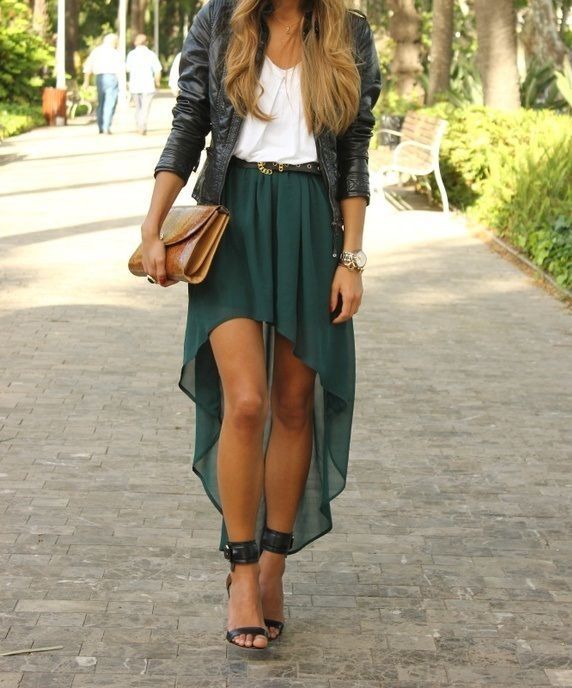 Party outfit (high low skirt, chiffon top, leather jacket, and heels.