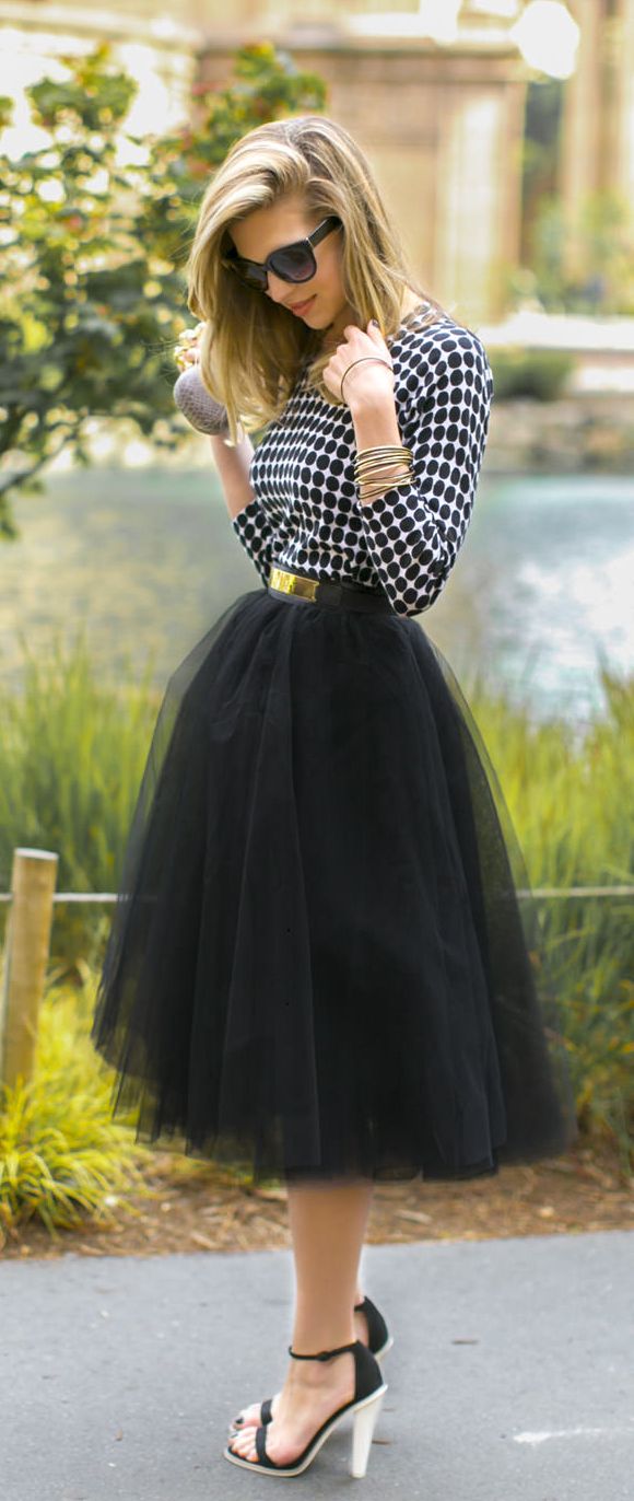 Womens  polka dot blouse with black multi layer tulle skirt!